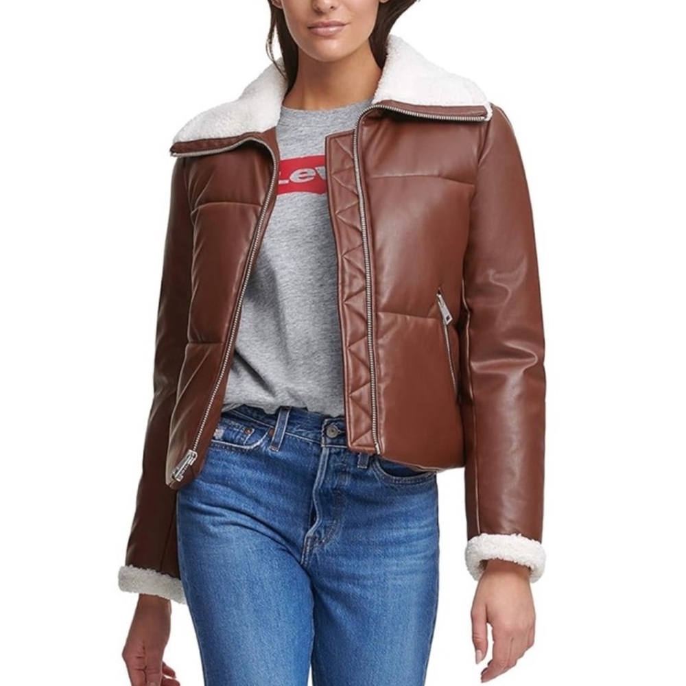 Levi's Women's Breanna Faux Leather Puffer Jacket with Sherpa Lined Collar
